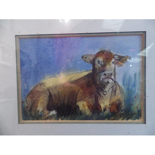 1057 - A watercolour of recumbent cow, framed and glazed, 10cm x 15cm image size, and a watercolour of a bl... 
