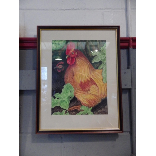 1061 - SONIA DOBBS: A watercolour of golden cockerel and black hen, framed and glazed, signed lower right, ... 