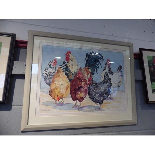 1064 - GABRIELLE HANSON-SMITH: An ink and watercolour of cockerel and five hens, framed and glazed, signed ... 