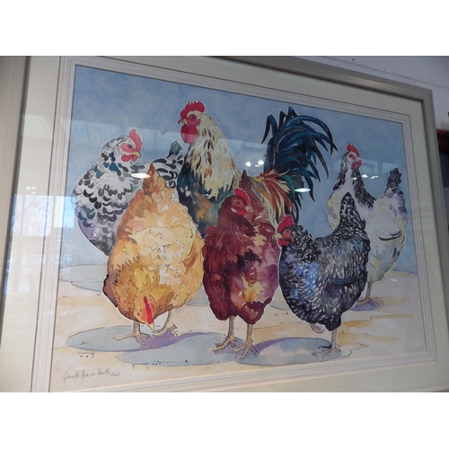 1064 - GABRIELLE HANSON-SMITH: An ink and watercolour of cockerel and five hens, framed and glazed, signed ... 