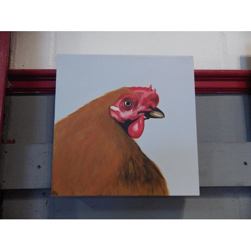 1069 - An unframed oil on canvas portrait of a hen, monogrammed S.G lower left, 30cm x 30cm