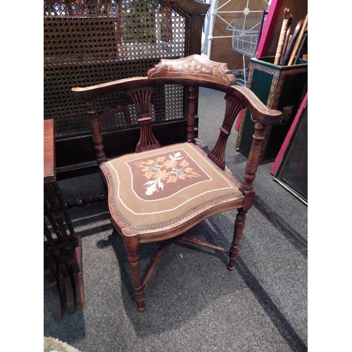 1100 - An Edwardian ivorine and mixed wood inlaid corner chair     (R)£40