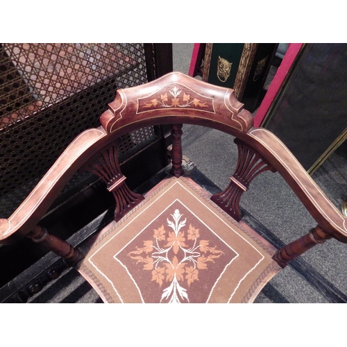 1100 - An Edwardian ivorine and mixed wood inlaid corner chair     (R)£40