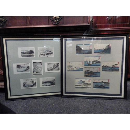 1115 - Two framed and glazed displays of Japanese landscape postcards including sailing vessels, 57cm x 57c... 