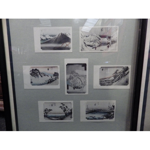 1115 - Two framed and glazed displays of Japanese landscape postcards including sailing vessels, 57cm x 57c... 