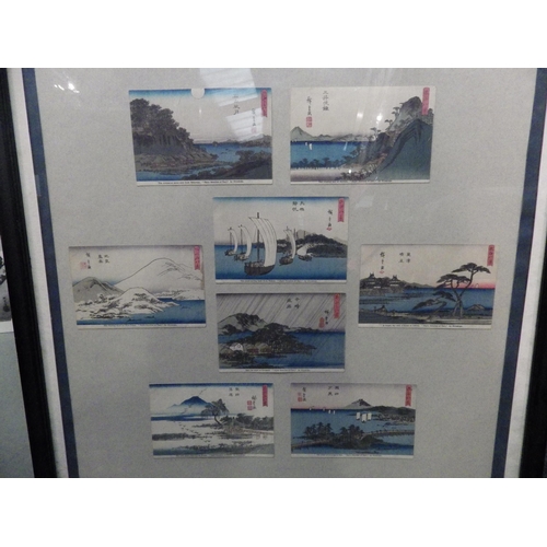 1115 - Two framed and glazed displays of Japanese landscape postcards including sailing vessels, 57cm x 57c... 