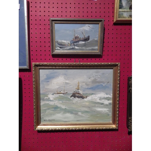 1119 - An oil on board depicting vessels, gilded frame, 24cm x 32cm, signed and dated 1991 lower left, and ... 