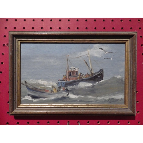 1119 - An oil on board depicting vessels, gilded frame, 24cm x 32cm, signed and dated 1991 lower left, and ... 