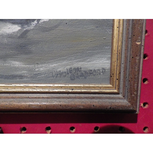 1119 - An oil on board depicting vessels, gilded frame, 24cm x 32cm, signed and dated 1991 lower left, and ... 