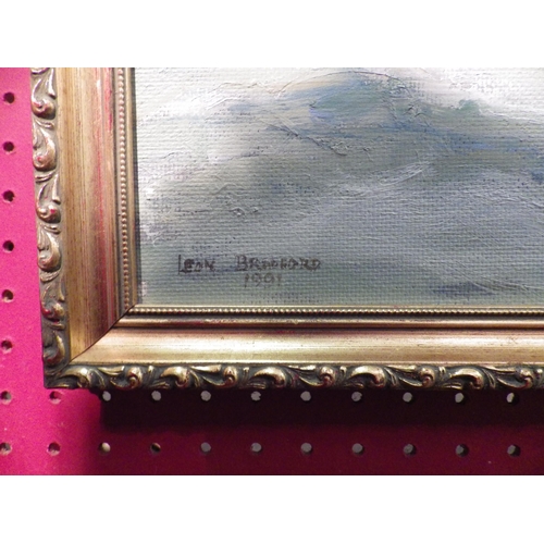 1119 - An oil on board depicting vessels, gilded frame, 24cm x 32cm, signed and dated 1991 lower left, and ... 