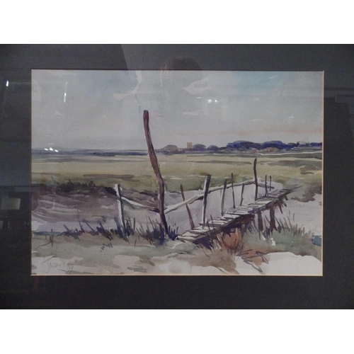 1128 - A watercolour of old wooden bridge over creek, framed and glazed, signed and dated '69 lower left, 3... 