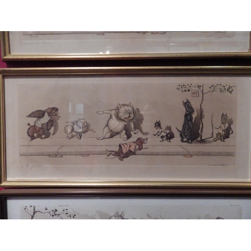 1131 - A set of three Boris O'Klein humorous prints of dogs, framed and glazed, pencil signed by artist, 15... 