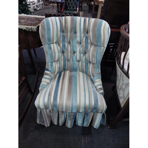 1156 - An open arm button-back chair with blue/beige stripe upholstery