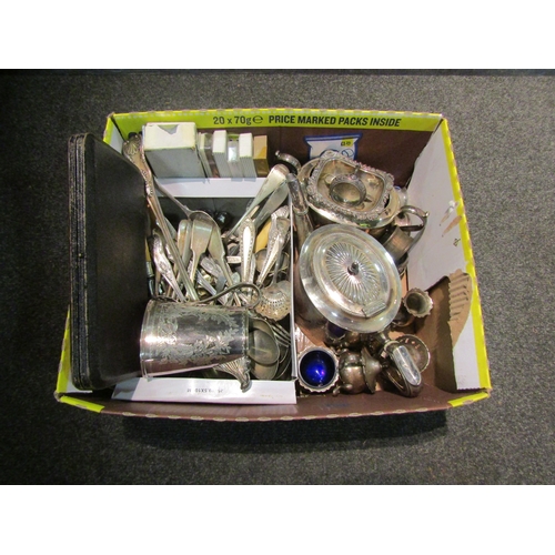 1161 - A box of plated ware including cutlery, teapot, napkin rings, salts, etc