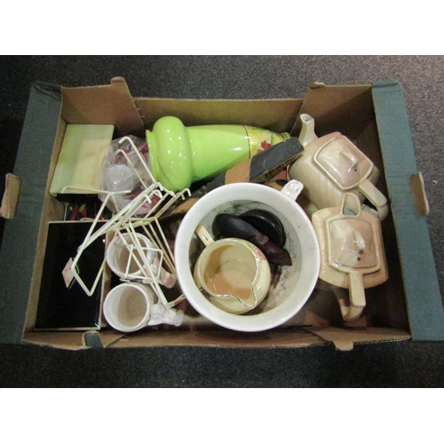 1163 - A box of miscellaneous to include ceramic vase, chamber pot, early plastic trinket boxes etc.