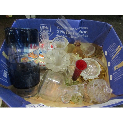 1168 - A box of miscellaneous glass ware to include a single lustre decanter, cut glass vase, glass stopper... 