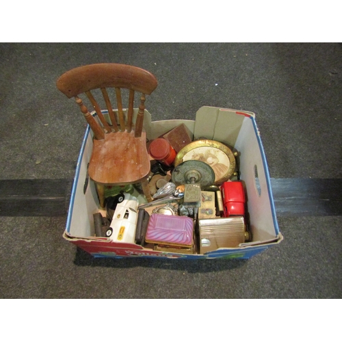 1176 - A box of mixed: miniature chair, toy cars, decanter labels, etc     (R) £20