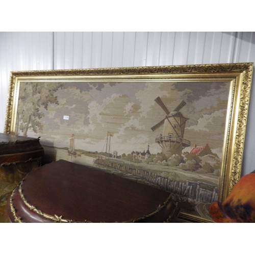 2166 - A framed tapestry depicting lakeside scene