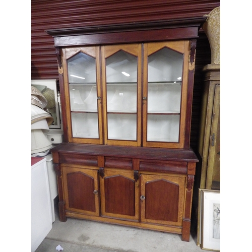 2432 - A Victorian oak and mahogany glazed top kitchen dresser with three drawer, three door base   (R) £80