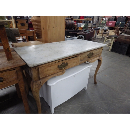 2266 - A Victorian pine two drawer side table with marble top