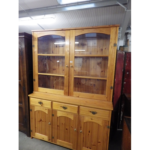 2364 - A modern pine dresser, twin glazed doors over three drawer, three door cupboard base