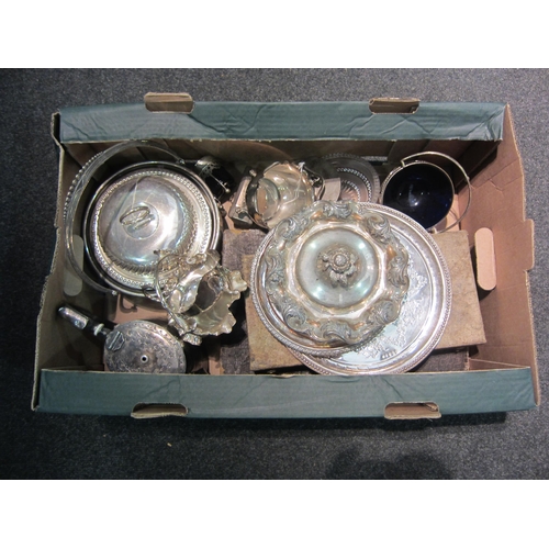 1183 - A box of plated wares to include apostle spoons cased, fish knives and forks cased, muffin dish, sal... 