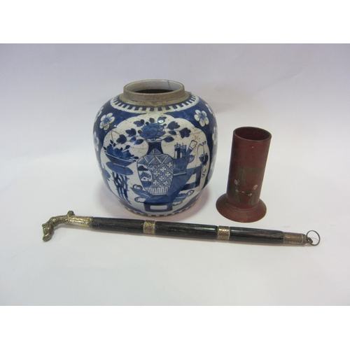 1195 - A Chinese blue and white ginger jar, a lacquer vase and ornamental stick with brass dragon's head (3... 