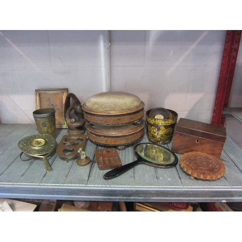 1218 - A box of mainly wooden wares; two circular framed prints of Victoria & Albert, a miniature framed Lo... 