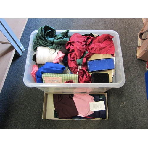 1224 - A box of miscellaneous fabric samples, trim, two pairs of pinking shears