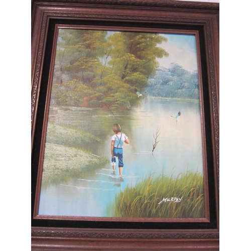 1226 - MURPHY: An oil on canvas of boy with fishing rod, 49.5cm x 39cm image size