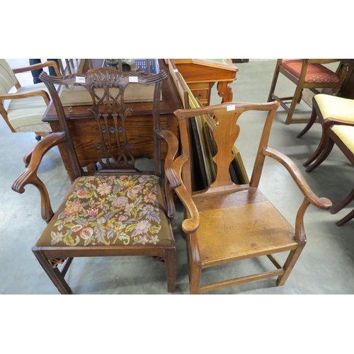 2005 - A George III mahogany carver chair, solid seat, splat back, together with another with drop-in seat ... 