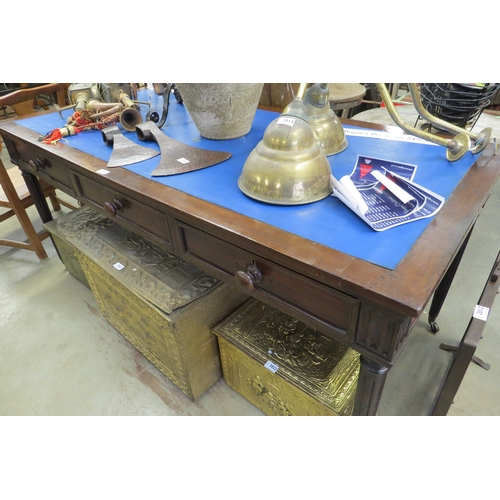 2013 - A 19th Century mahogany three drawer library table, with later blue rexine top   (E) £50-80