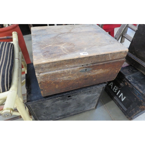 2037 - A vintage deed tin box and a pine box