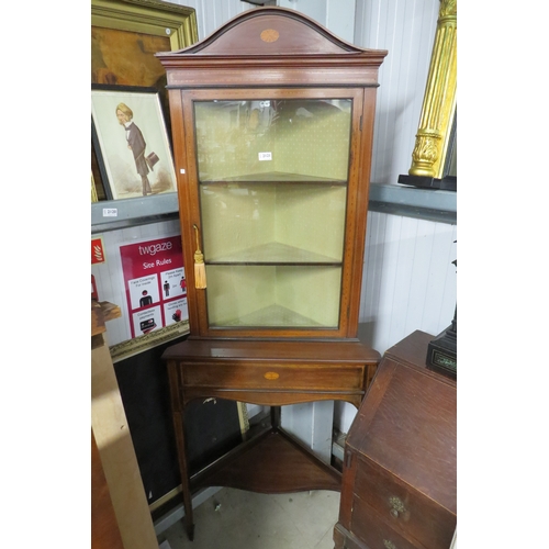 2121 - An Edwardian inlaid mahogany glazed top corner cabinet on stand   (E) £20-40