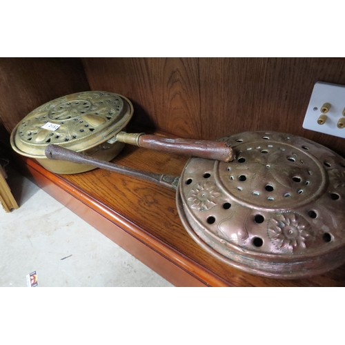 2152 - Two ornate 19th Century brass and copper bed warming pan heads