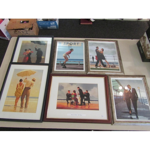 1389 - A collection of prints to include Jack Vettriano print of female sitting at table on the beach, thre... 