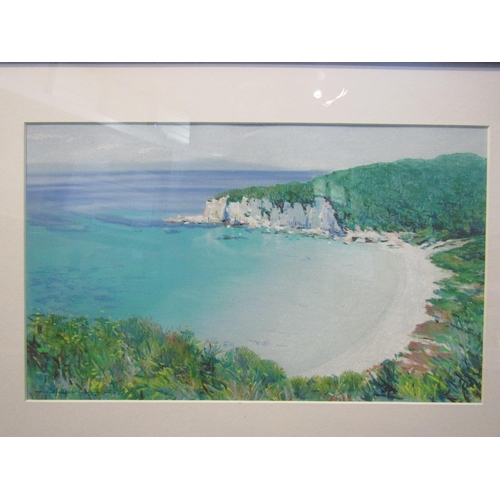 1390 - A mixed media image of bay scene, framed and glazed, 26cm x 44cm