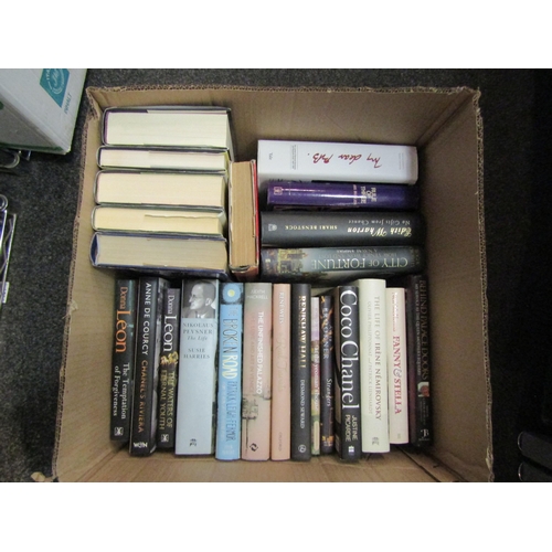 1396 - Two boxes of hardback volumes, biographies, novels, etc