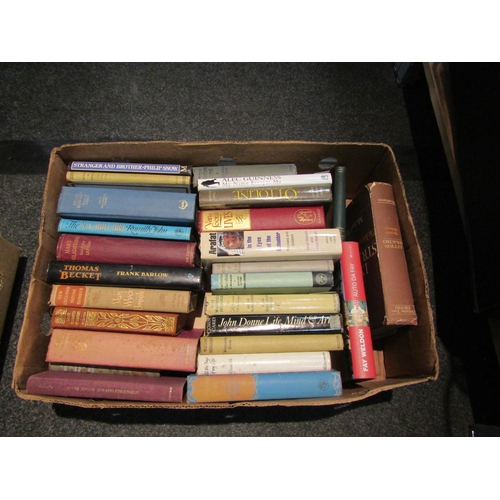 1416 - Two boxes of books including biography, modern first editions, etc., including D.H. Lawrence, Harrie... 