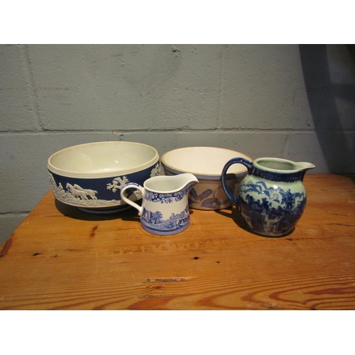 1446 - A jasper ware bowl and another blue and white example together with two jugs including Spode