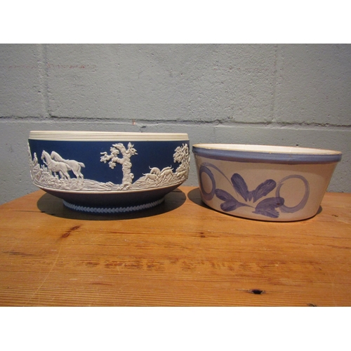 1446 - A jasper ware bowl and another blue and white example together with two jugs including Spode