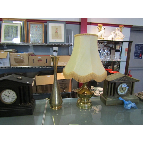 1449 - A brass table lamp with shade and an Eastern brass table lamp (2)