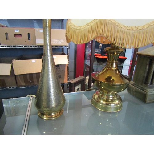 1449 - A brass table lamp with shade and an Eastern brass table lamp (2)