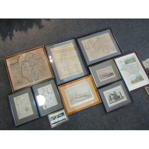 1452 - Assorted maps and churches etchings, framed and glazed