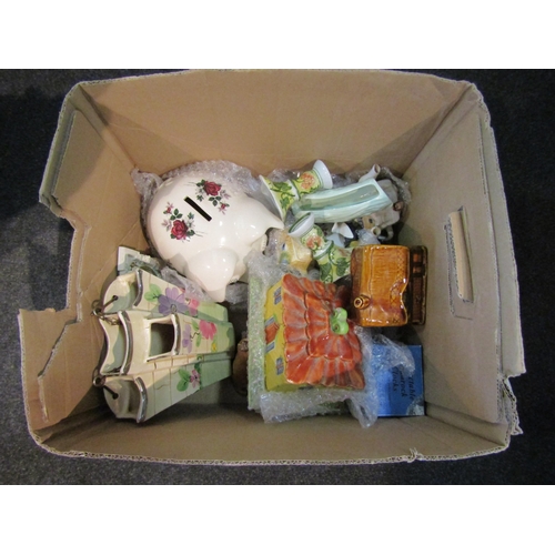 1461 - A box of miscellaneous ceramics to include 1940/50's wall pocket, butter dish, piggy and cottage mon... 