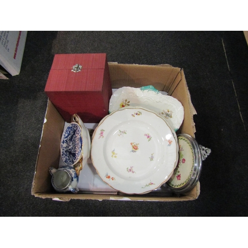 1464 - A box of miscellaneous ceramics to include German embossed dish, a pair of blue and white printed pl... 