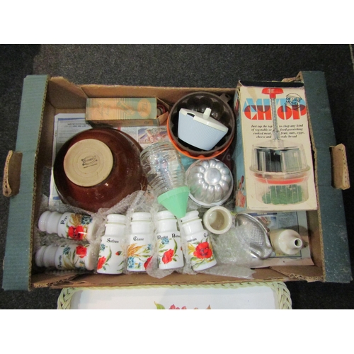 1471 - A box of kitchenalia to include Denby mixing bowl, six spice jars, tray, etc