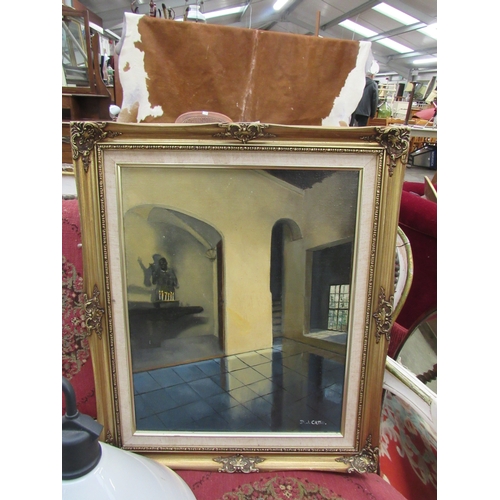 2500 - A gilt framed oil on canvas with creepy figure hiding   (E) £10-20