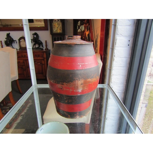 1002 - A 19th Century salt glazed rum barrel, armorial crest and grapevines, a/f, 35cm tall