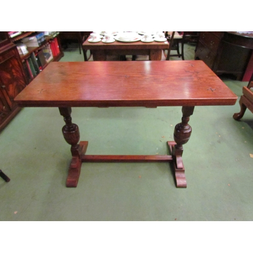 4018 - A circa 1900 ecclesiastical oak table with carved Maltese cross decoration over a twin pillar, bulbo... 